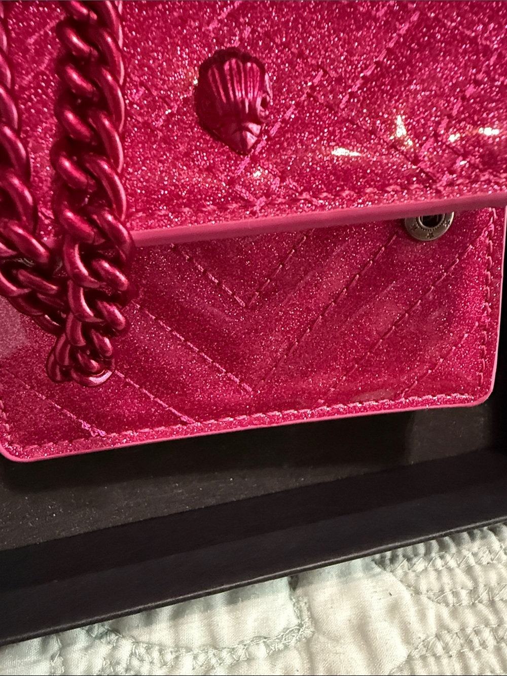 Kurt Geiger Pink Glitter Quilted Chain Micro Kensington Crossbody Bag